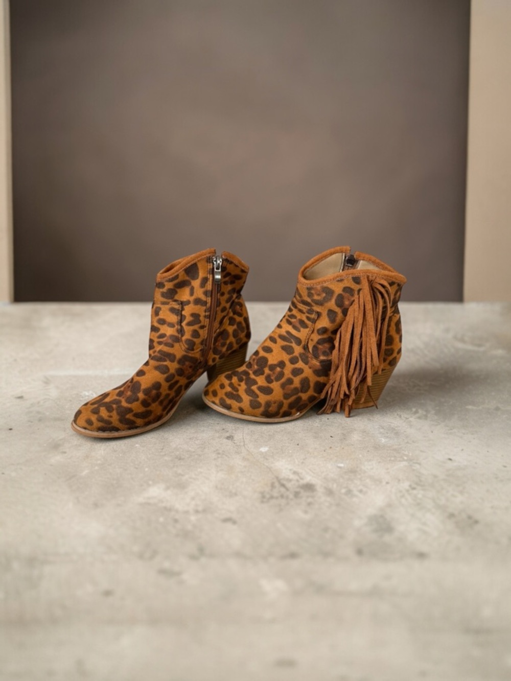 Leopard Print Fringe Ankle Boots - Brown